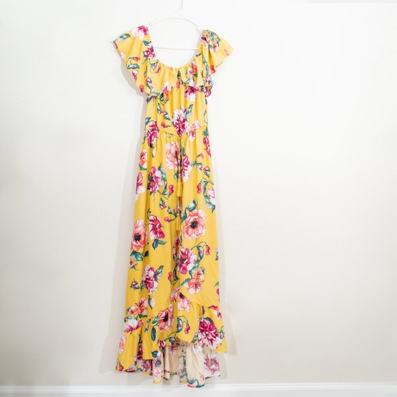 Band of Gypsies M Yellow and Pink Floral Button Tied Off Shoulder Viscose Hi-Low - Picture 2 of 14
